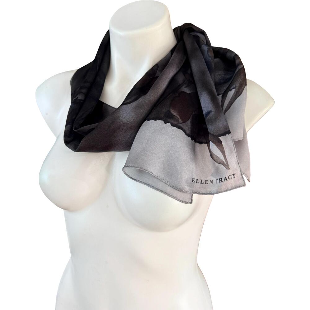 Vintage Ellen Tracy 90s Silk Scarf Gray Black Floral Formal NWOT 11x52 - Picture 5 of 10